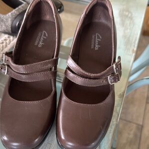 Clarks Chocolate Double Strap Heels